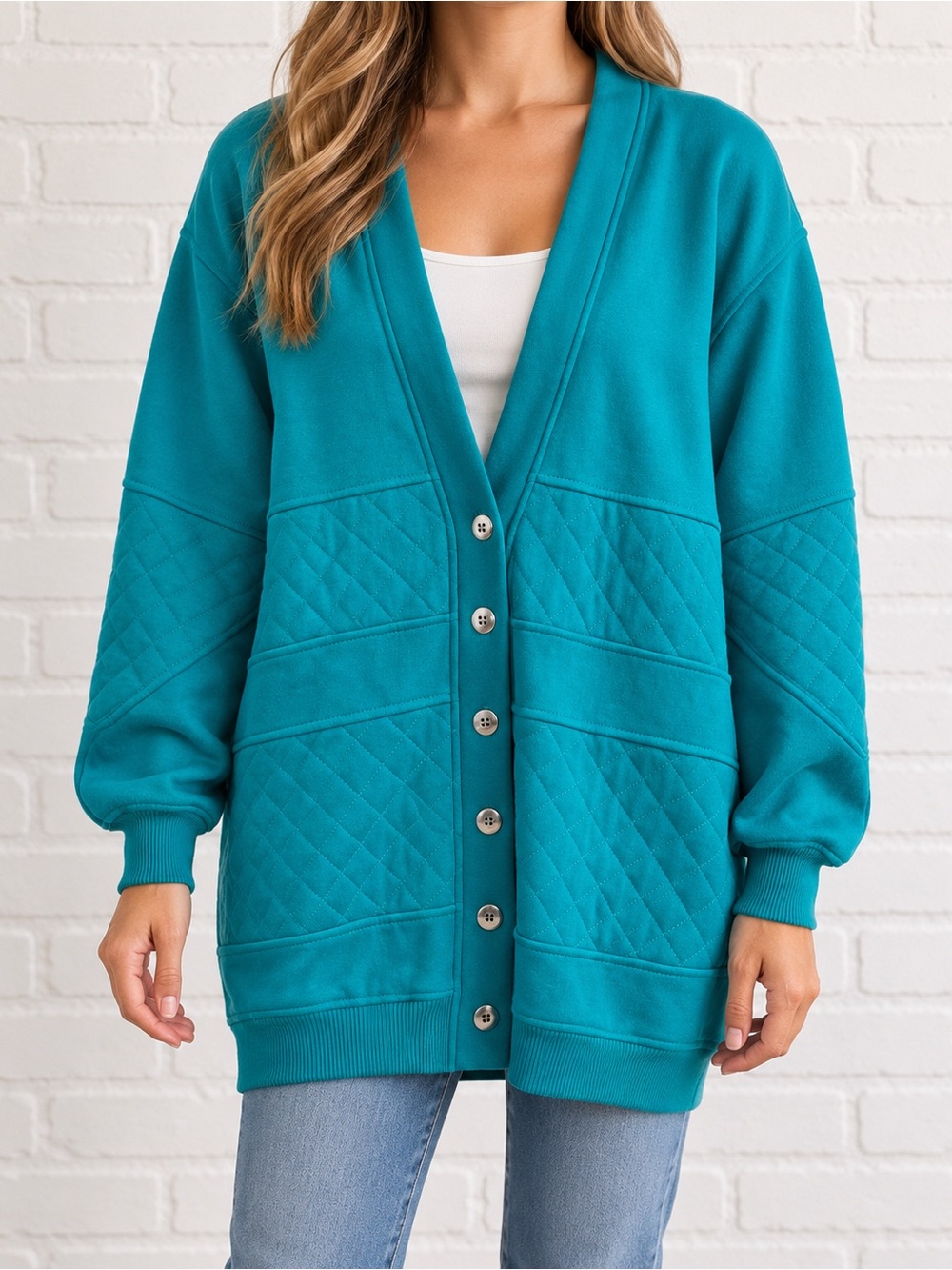 Vintage 90s White Stag Turquoise Quilted Sweatshirt Cardigan S Oversized